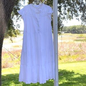 Tiered eyelet trimmed, flutter sleeve midi dress